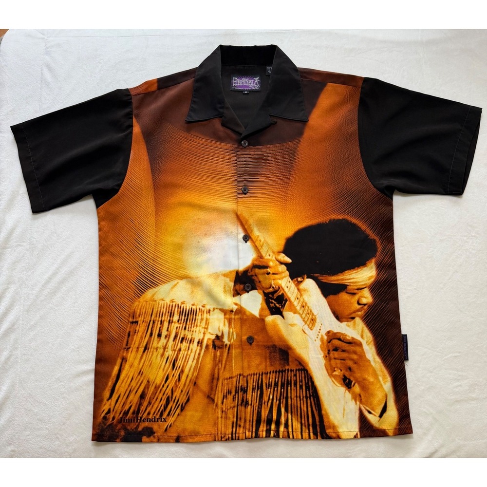 Dragonfly Jimi Hendrix Button Up Shirt Mens Medium Black Orange Graphic Print